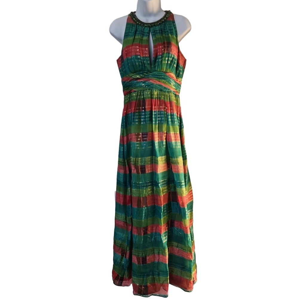 Kay Unger New York Beaded Halter Maxi Dress Women's Size 6 Silk Metallic